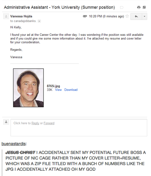 girl accidentally emails picture of nic cage instead of resume