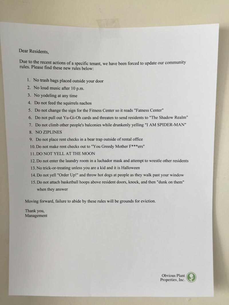 I Left This Letter From 'Management' on the Doors of an Apartment Complex